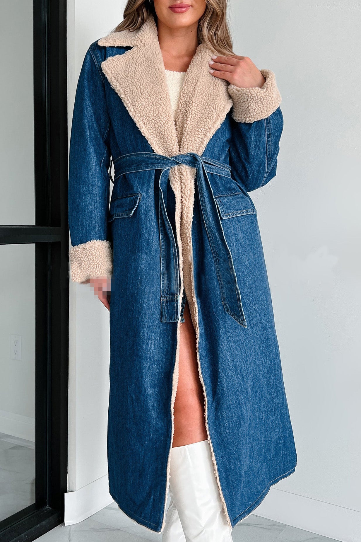 Women Sherpa Turndown Collar Strappy Double Pocket Denim Trench Coat 7