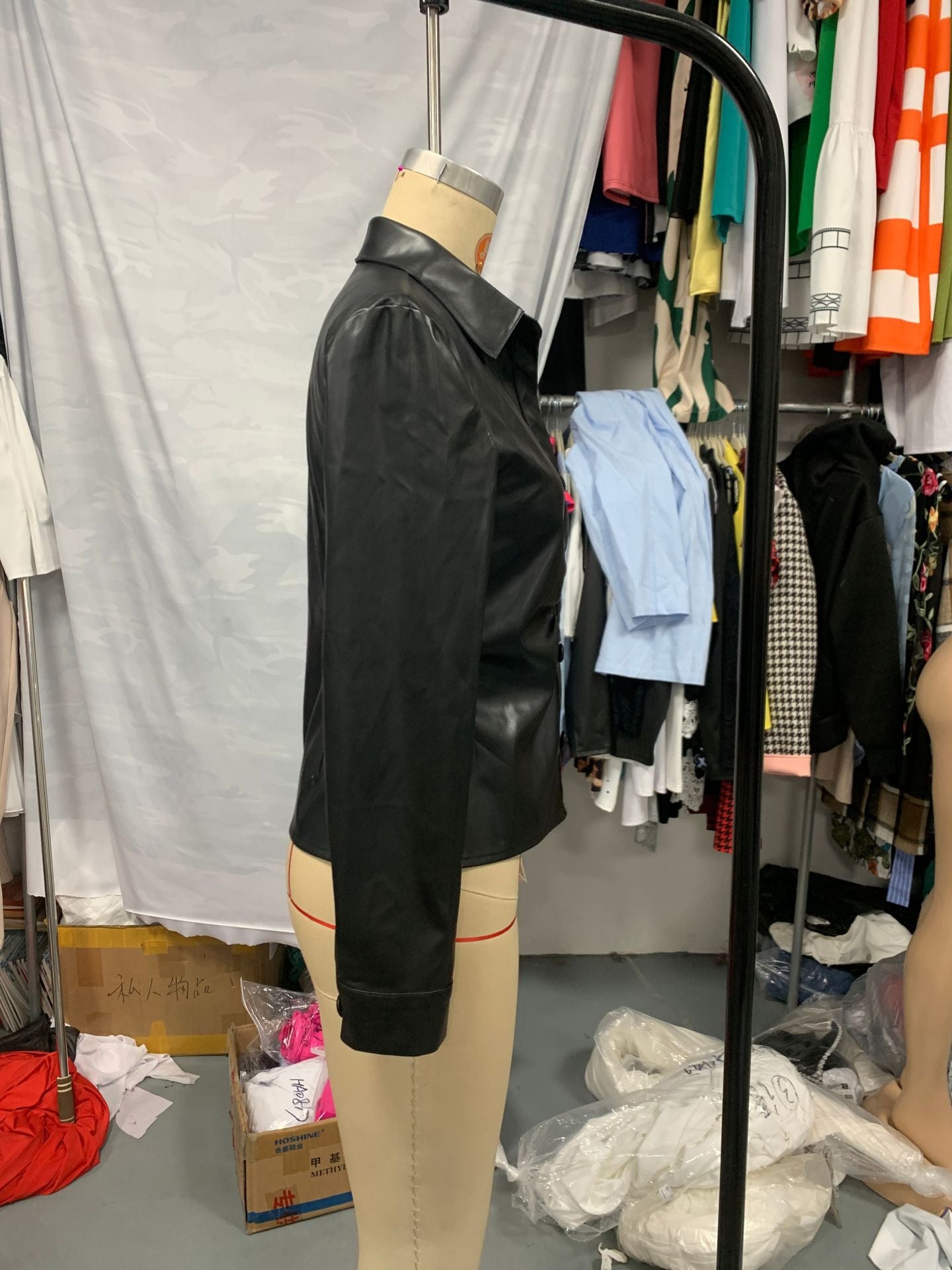 Women autumn and winter long sleeve Turndown Collar button solid leather jacket 4