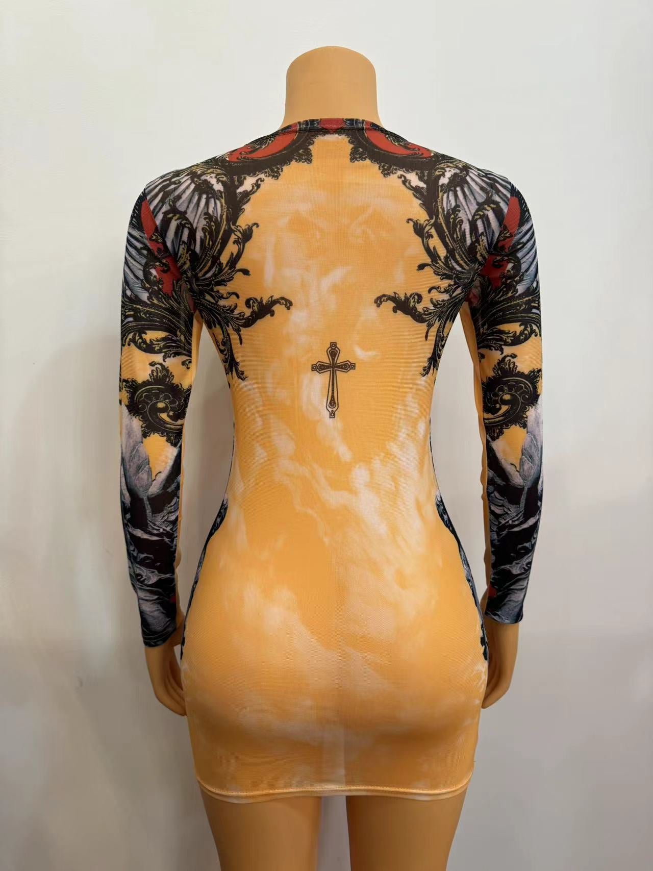 Women's Mesh Printing Round Neck Short Fashion Sexy Dress 9