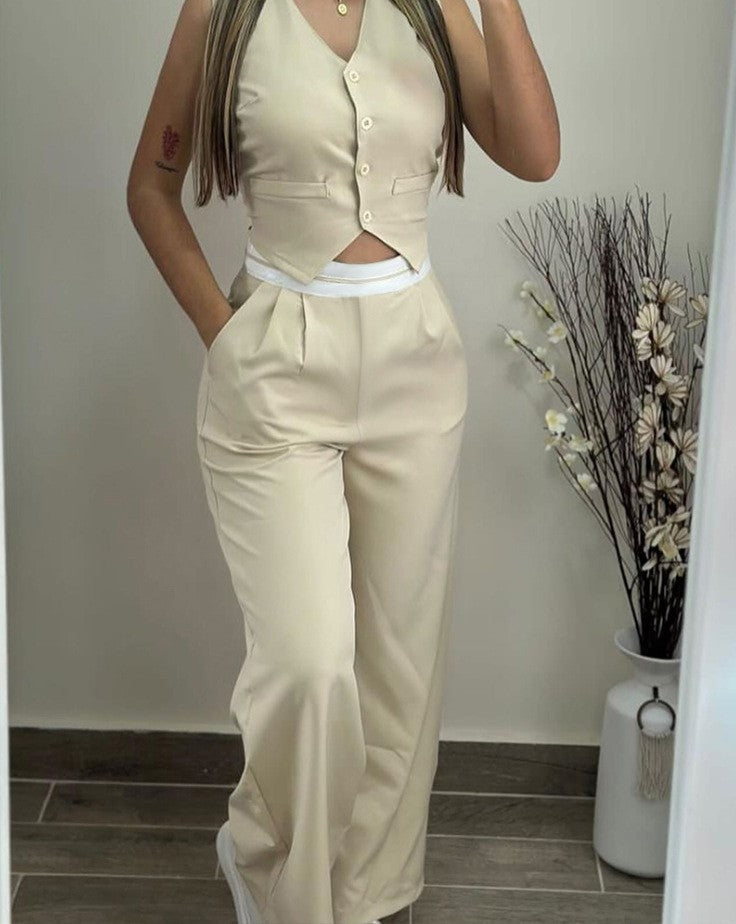 Women vest and Contrast color high waist wide leg pants Casual two-piece suit 3