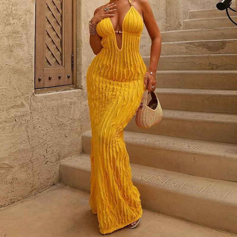 Women Summer Sexy Halter Neck Pleated V Neck Backless Lace-Up Dress 4