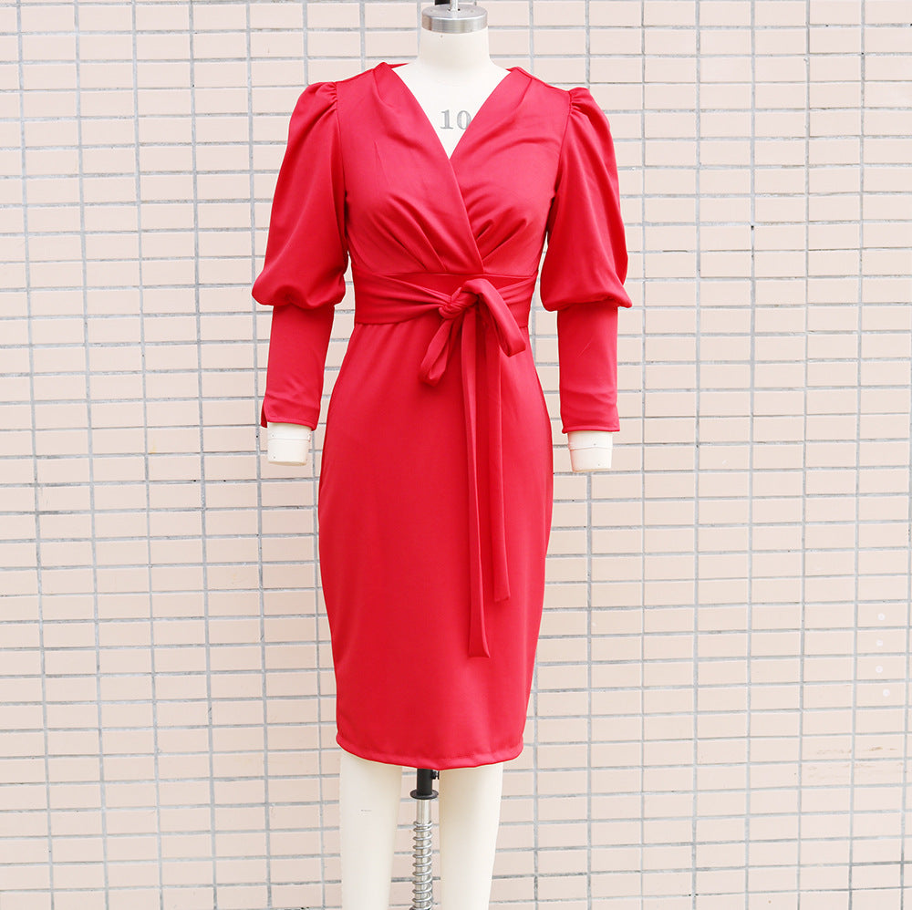 Women Puff Long Sleeve V Neck Bodycon Dress 19