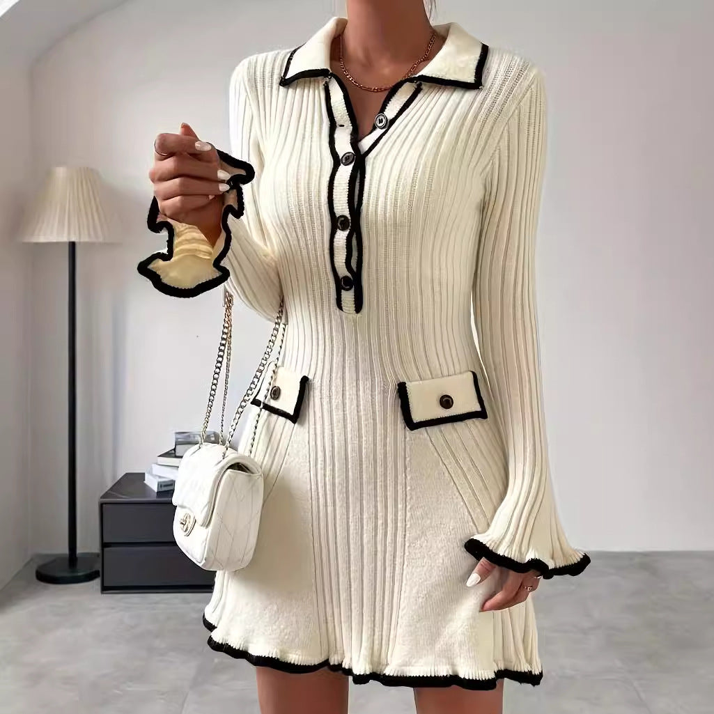 Autumn Women's Clothing Contrast Color Elegant Slim Knitting Dress 5