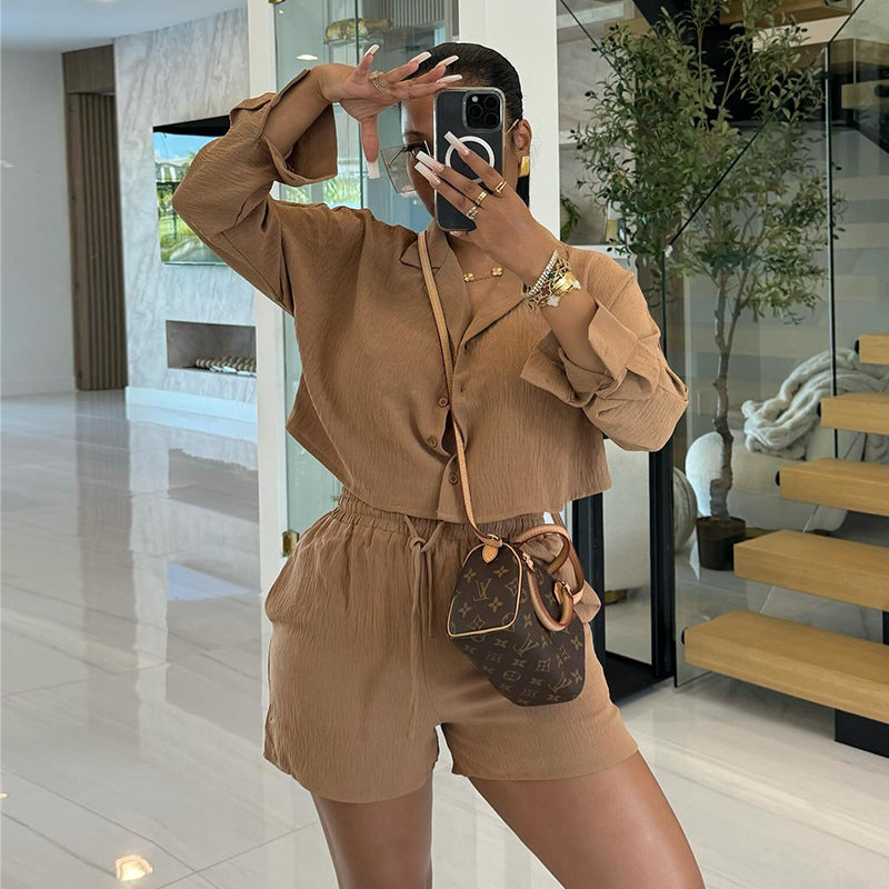 Women Summer Casual Turndown Collar long-sleeved shirt And drawstring shorts two-piece set 4