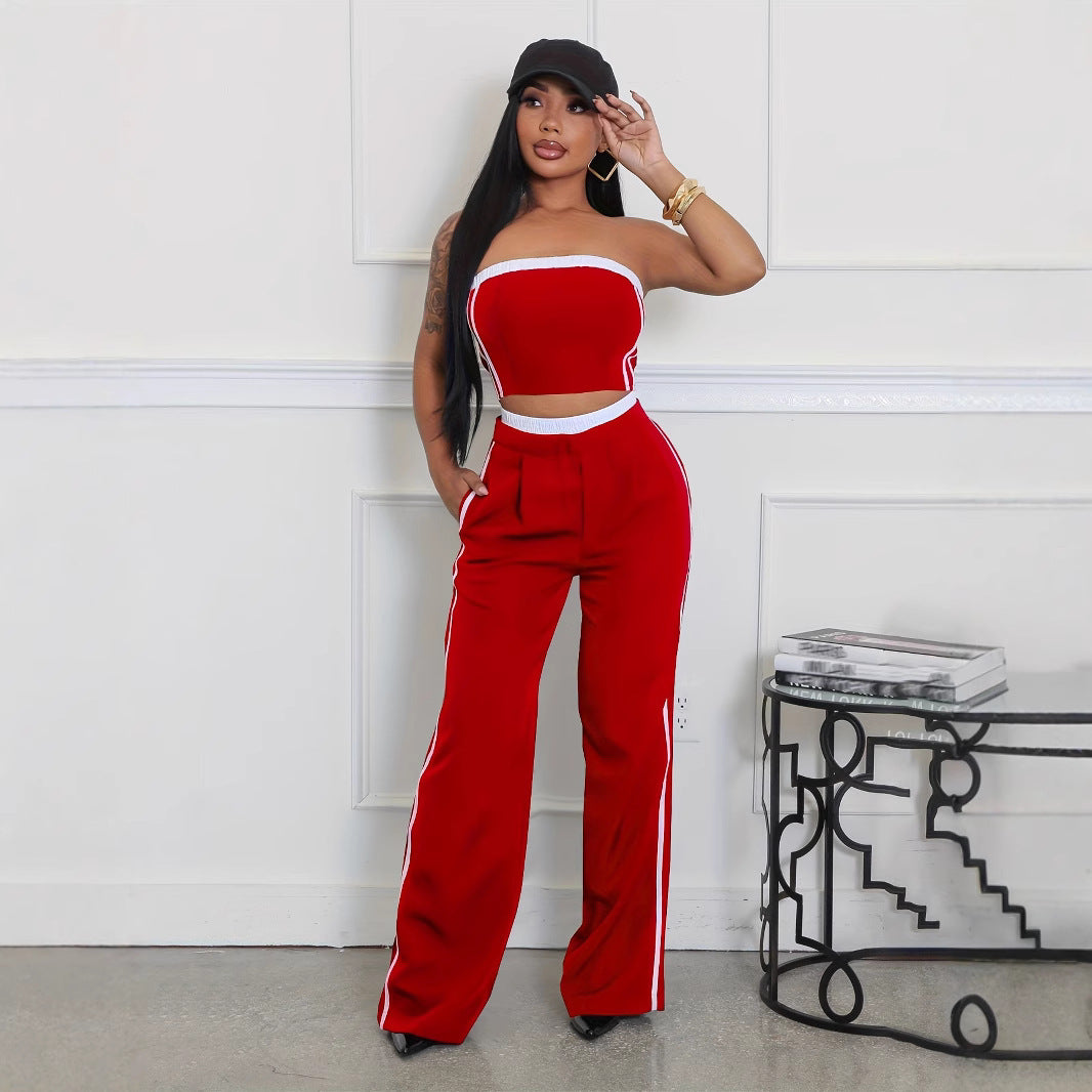 Summer Fashion Strapless Top Wide Leg Loose Pants Set