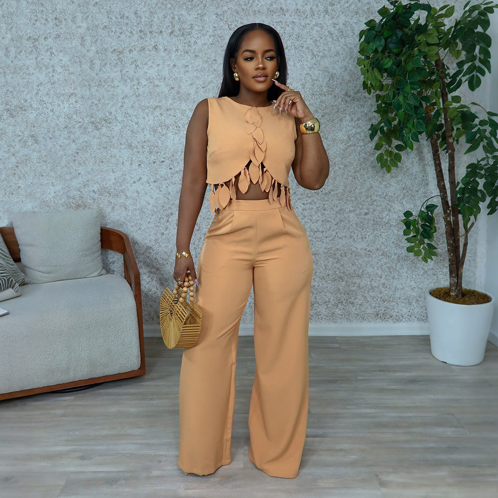 Round Neck Casual sleeveless sexy tops slim trousers two-piece women's set