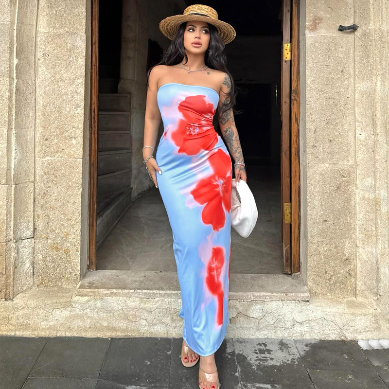 Women Summer Strapless Floral Print Slit Maxi Dress 4