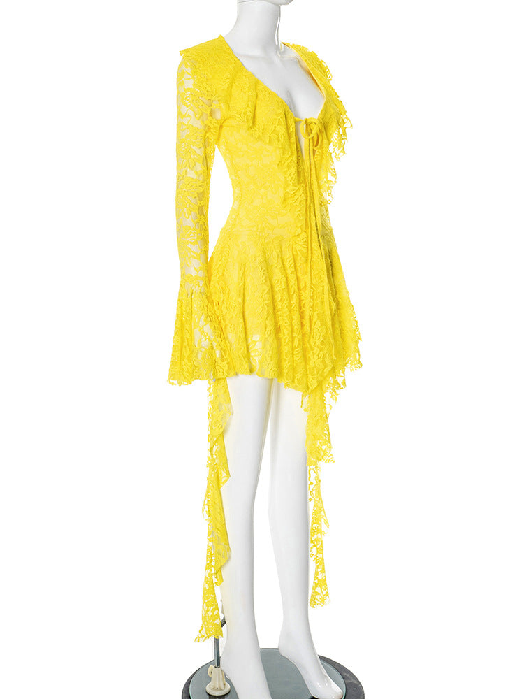 Women Lace Lotus Leaf Ribbon Long Sleeve Dress 12