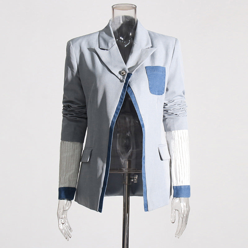 Women Autumn and Winter Fake Two Piece Patchwork Denim Blazer 4
