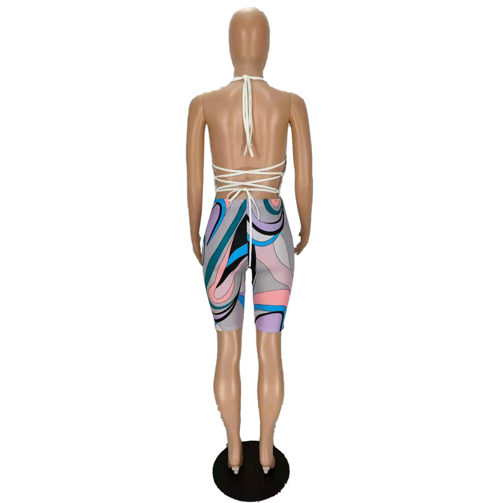 Women's Halter Neck Low Back Lace-Up Hollow Two-Piece SHorts Set 9