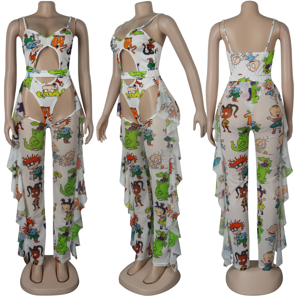 Sexy Women's Solid Color Printed One Piece Swimsuit Mesh Pants Two-Piece Set 16