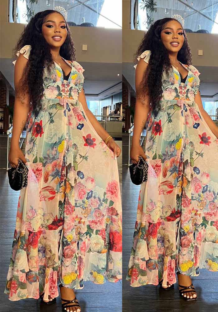 Women Holidays Sexy V Neckchiffon Ruffle Dress