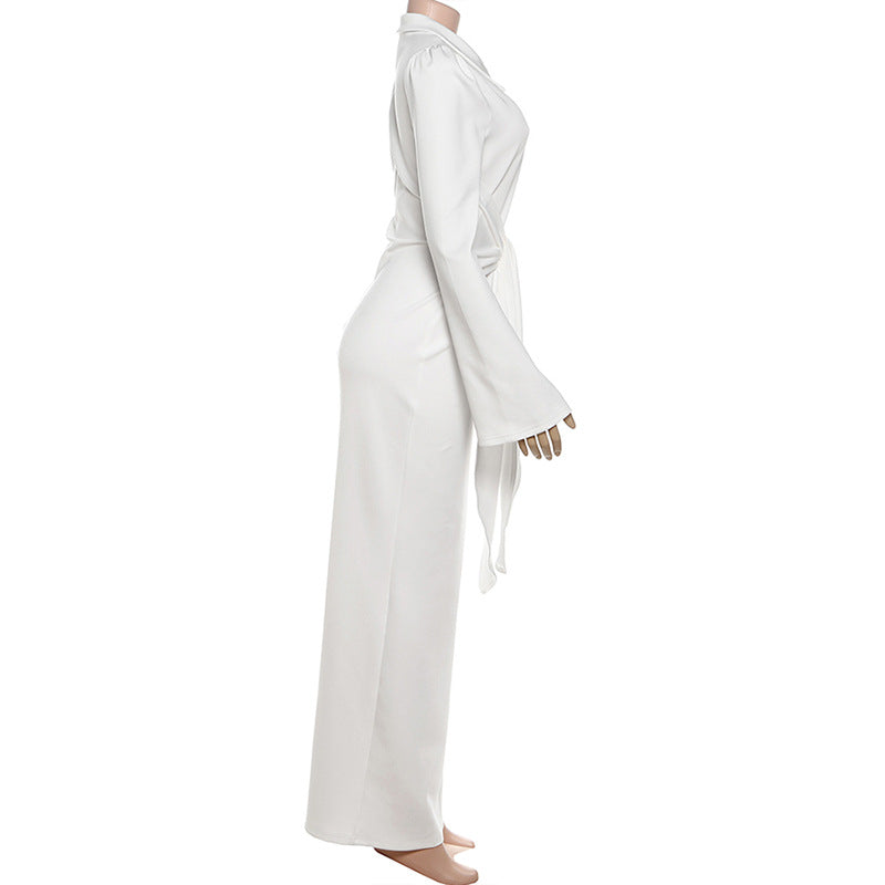 Autumn Women's Solid Color Chic Turndown Collar Slim Waist Lace-Up Zipper Long Sleeve Dress 19