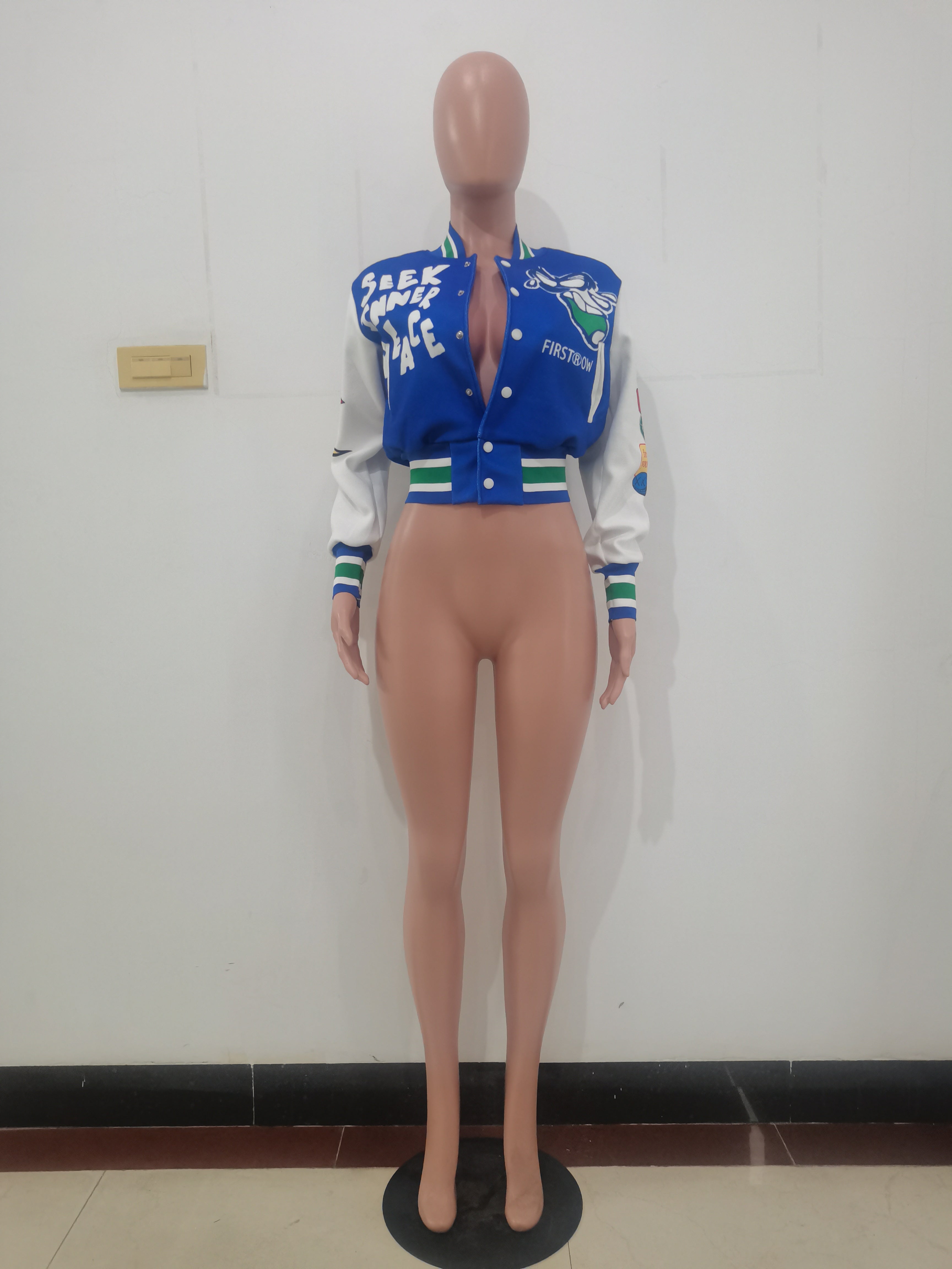 Positioning Print Ribbed Fashion Women's Top Baseball Jacket 24