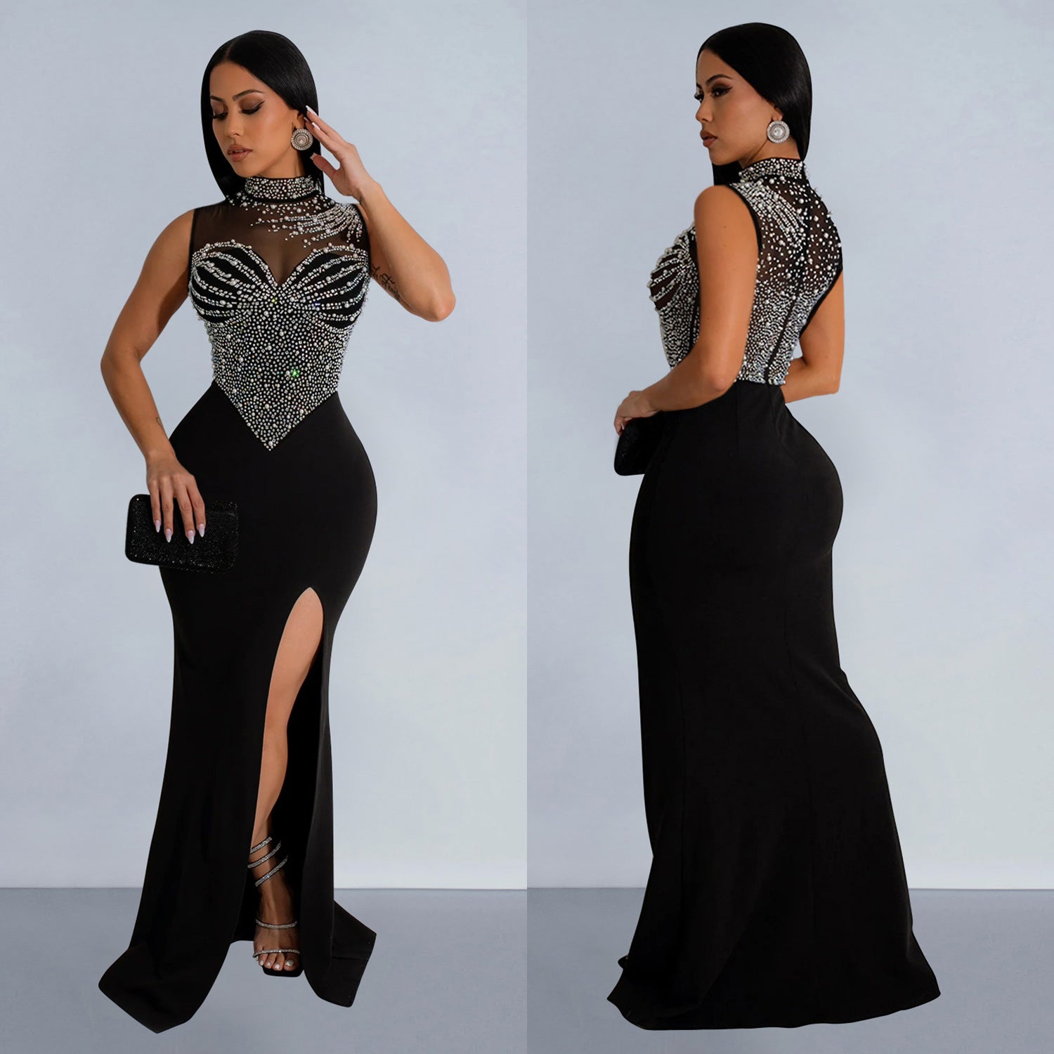 Fashion Women's Solid Color Beaded Mesh Sleeveless Long Dress