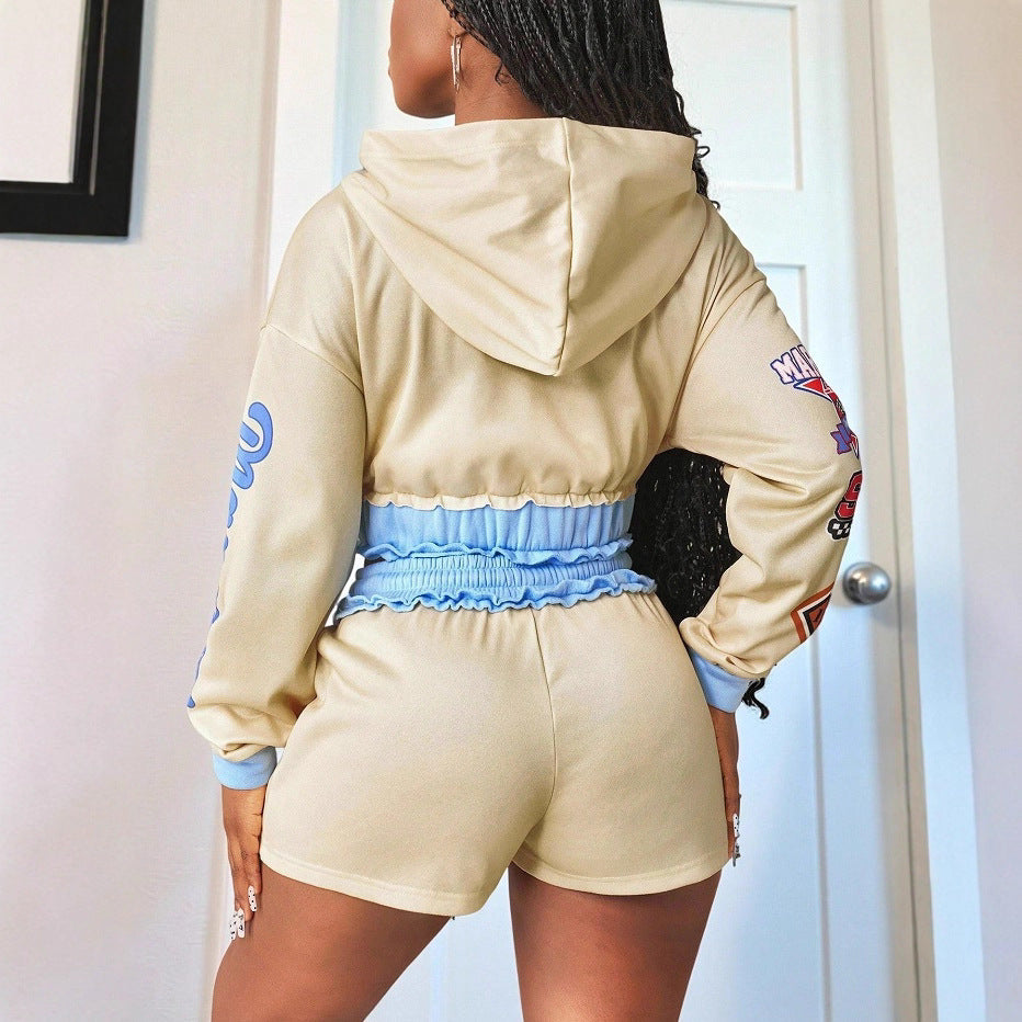 Women Contrast Sport Elegant Zippered Long-Sleeved Top and Shorts Two-Piece Set 3