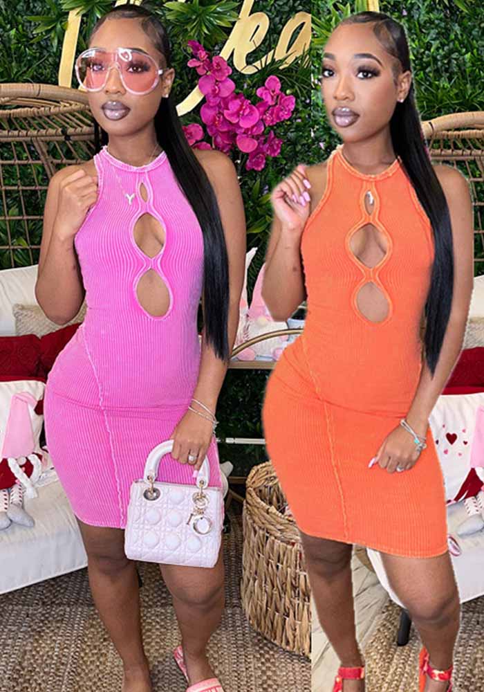 Women Stretch Ribbed Sexy Hollow Bodycon Print Dress