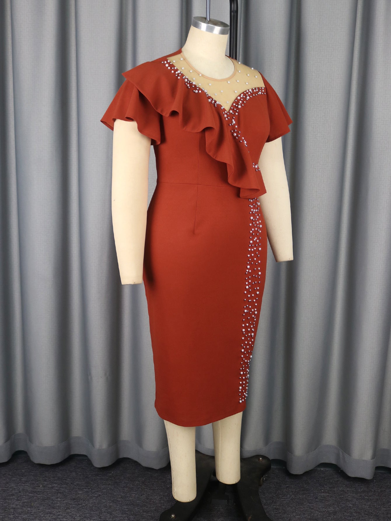 Women Round Neck beaded ruffle Formal Party Bodycon Dress 5