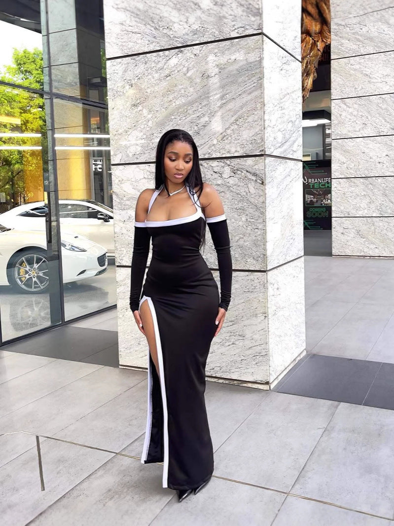 Summer Fashion White Contrast Color High-Slit Halter Neck Dress 4
