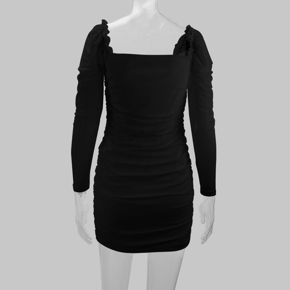 Spring Summer Women's Sexy Square Neck Mesh Long-Sleeved Bodycon Dress 12