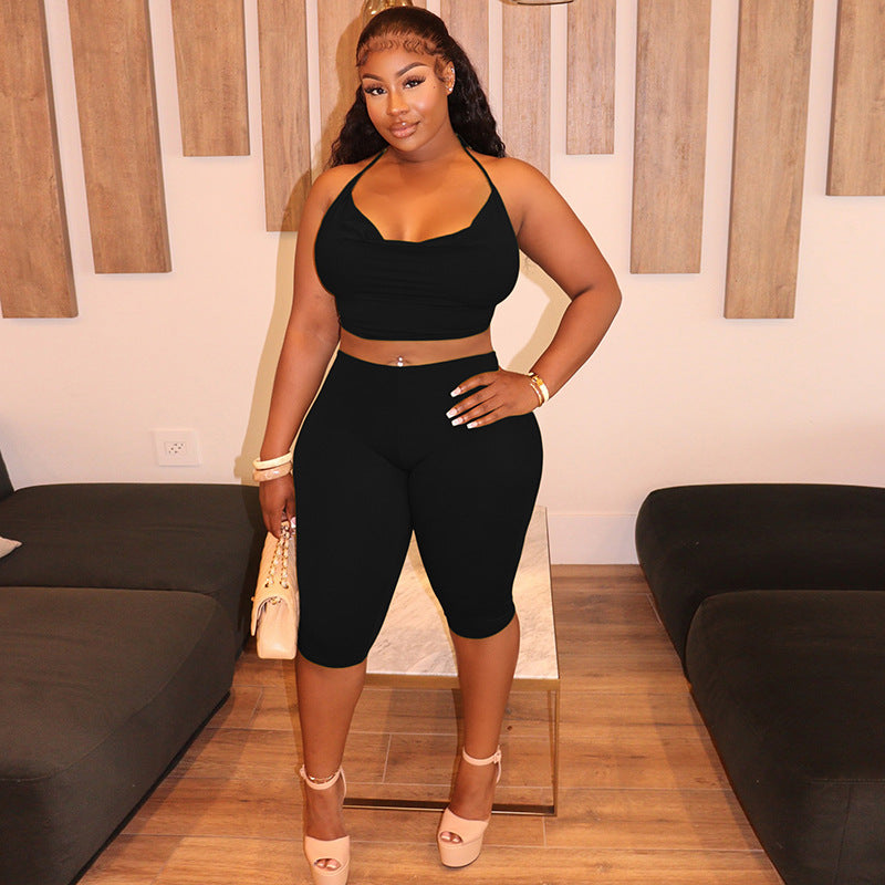 Women Spring/Summer Halter Neck Lace-Up Crop Top and Solid Capri Two-Piece Set