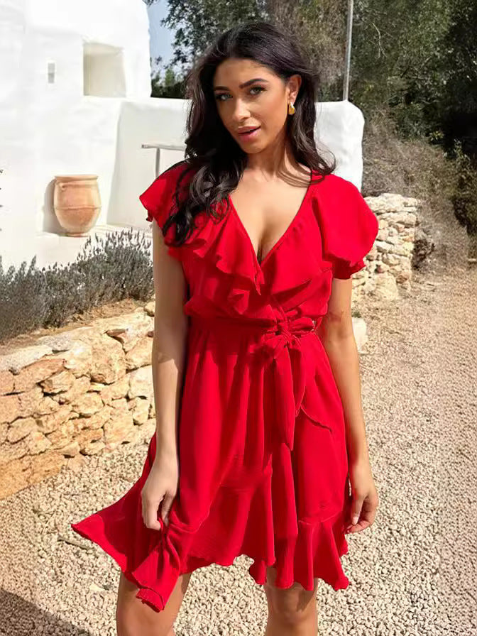 Women's Summer Ruffled V-Neck Solid Color Casual Dress 8