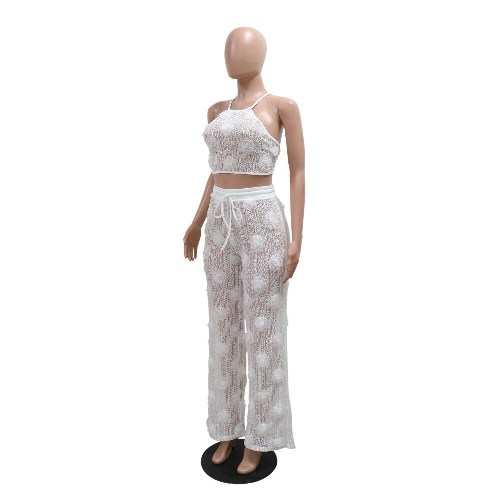 Women Solid Color See-Through Lace-Up Top Loose Slim Pants Two-Piece Set 16