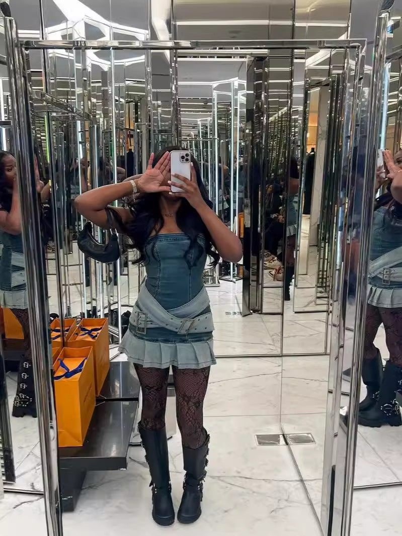 Women Strapless Pleated Stretch Denim Skirt 5