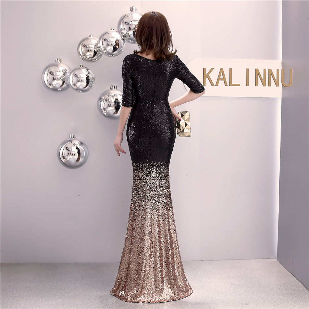 Long Sequin Half Sleeve V-neck Plus Size Fat Beauty Mermaid Formal Party Evening Dress 8
