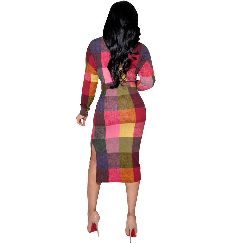 Women's Fashion Positioning Contrast Print Side Slit Slim Dress With Belt 5