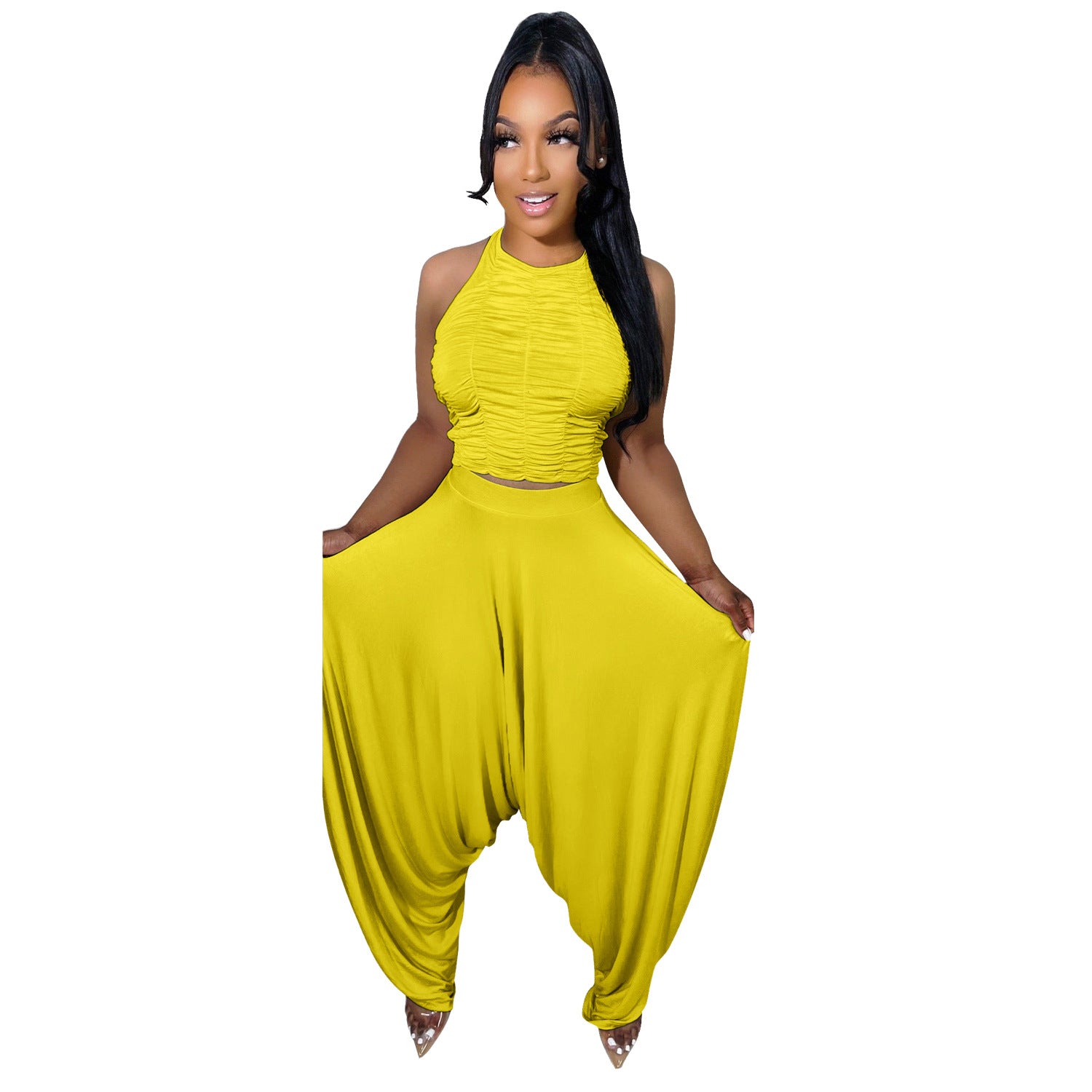 Women summer sexy pleated sleeveless top + wide leg pants two-piece set 14