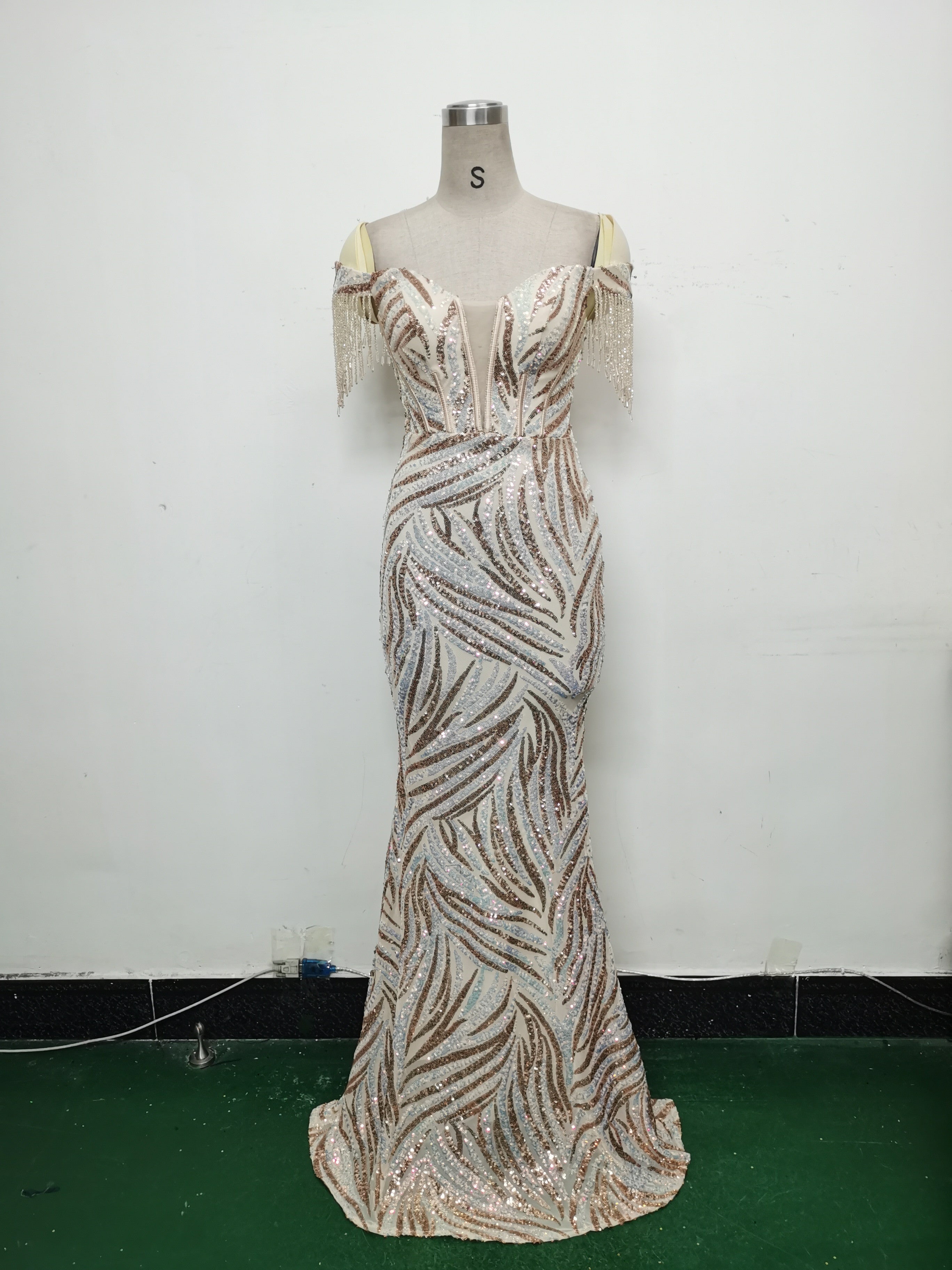 Off Shoulder Tassels Fishbone Slim Waist Lace-Up Sequin Evening Dress 17