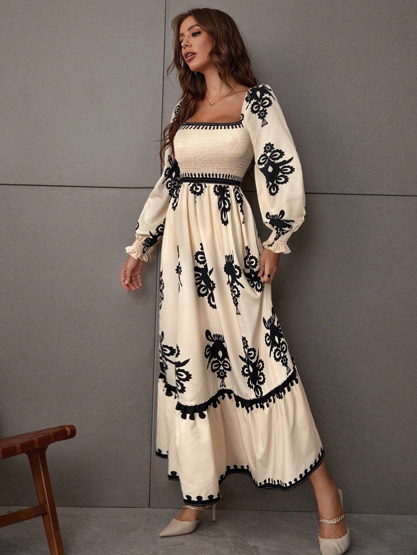 Women's Autumn Winter Elegant Printed Square Neck Long Sleeve Casual Long Dress 4