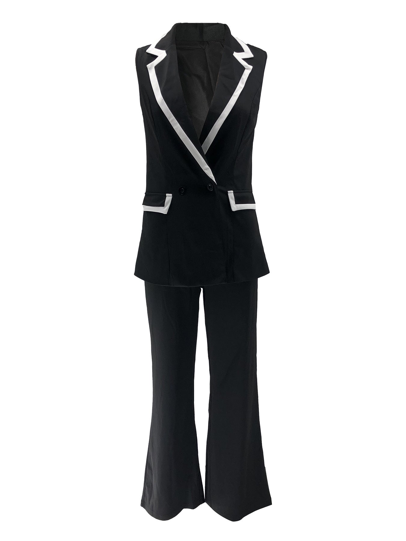 Women's Sleeveless Patchwork Contrast Color Vest Pants Two Piece Set 10