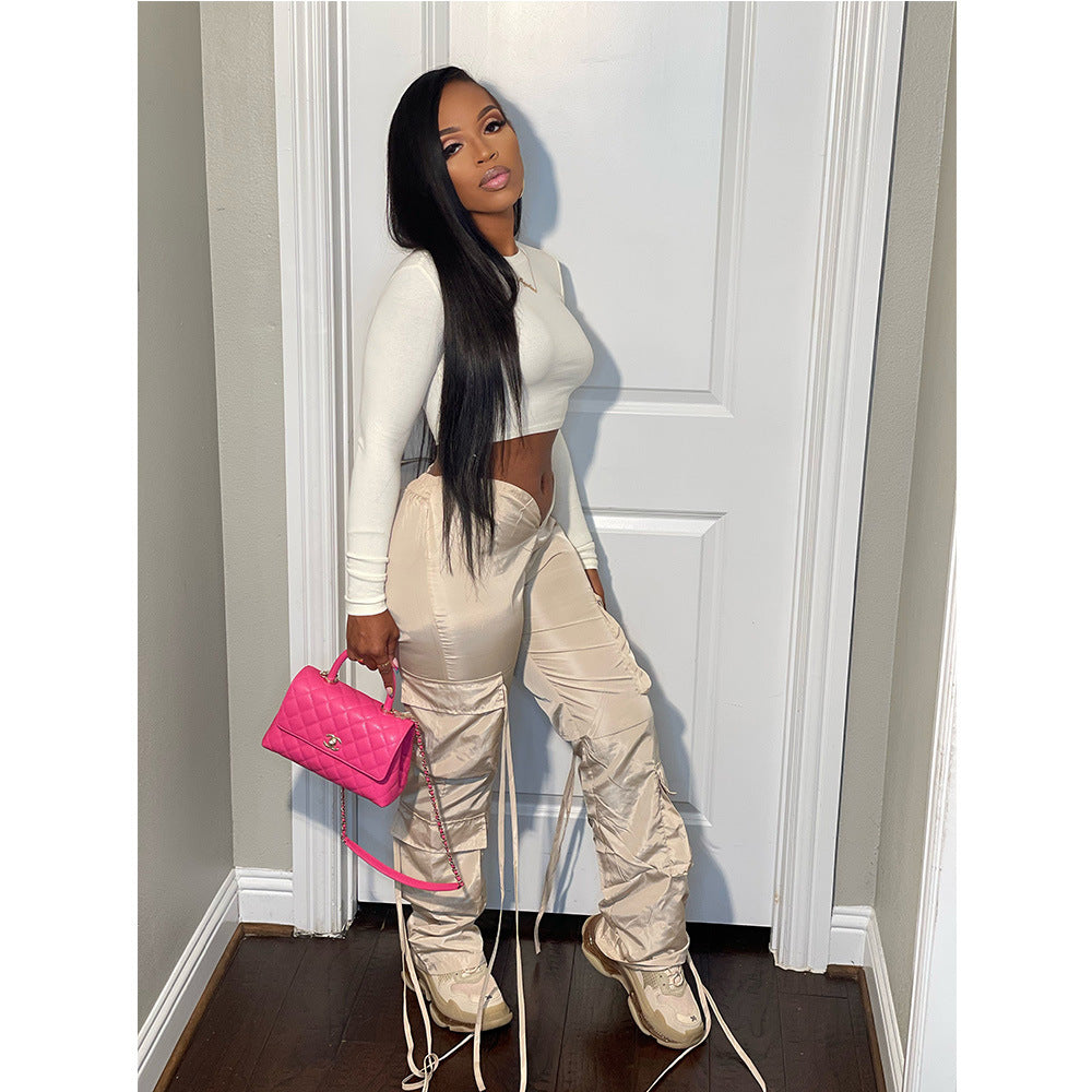 Women's Sexy Bright Lace-Up Multi Pocket Streetwear Casual Pants 5