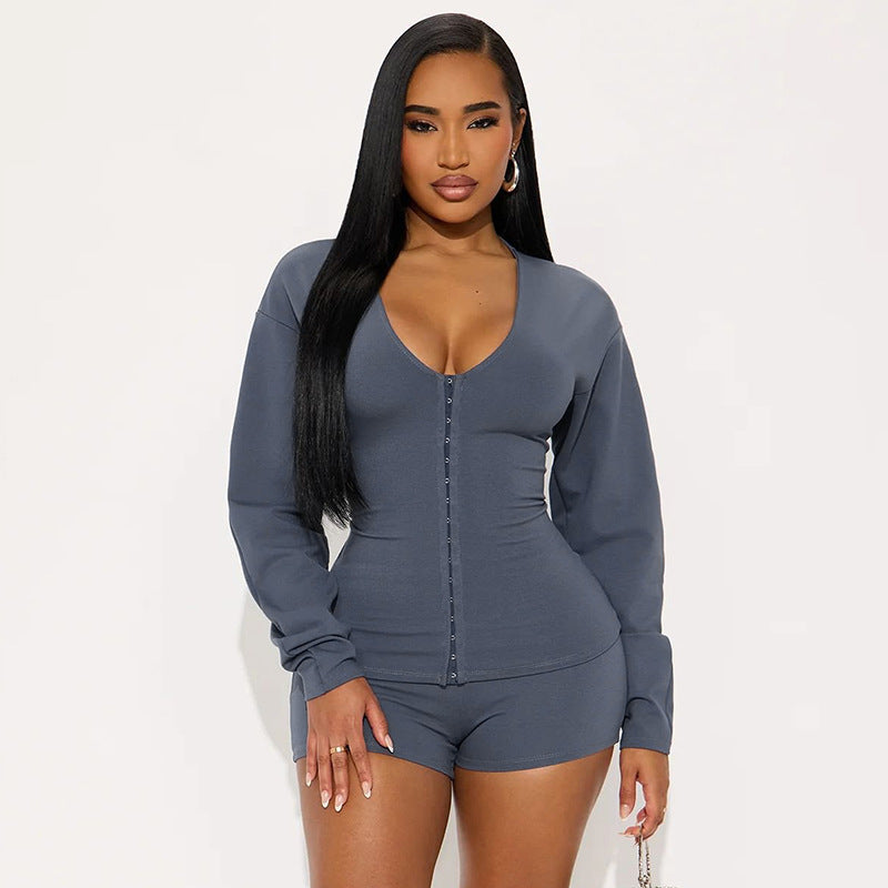 Women's Autumn Winter Round Neck Buttons Slim Waist Long Sleeve Top Shorts Set 9