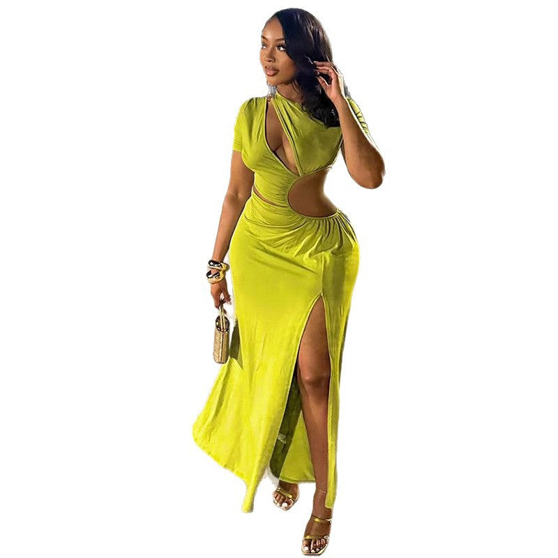 Chic Women's Fashion Cut-Out Slit Irregular Round Neck Solid Color Pleated Dress 8
