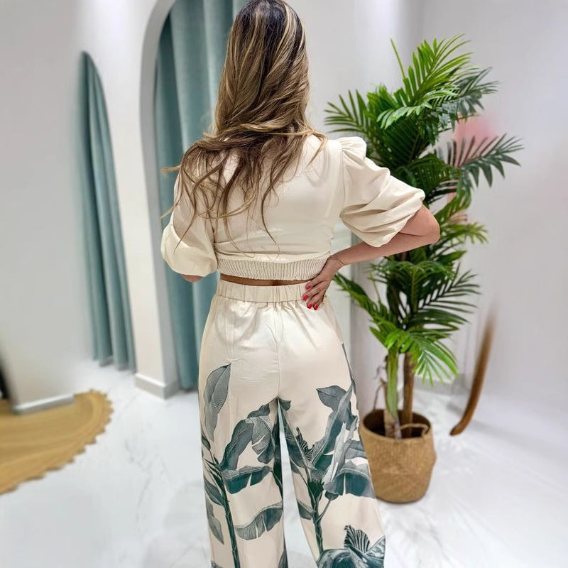 V-Neck Lantern Sleeve Top Printed Wide-Leg Pants Suit 5