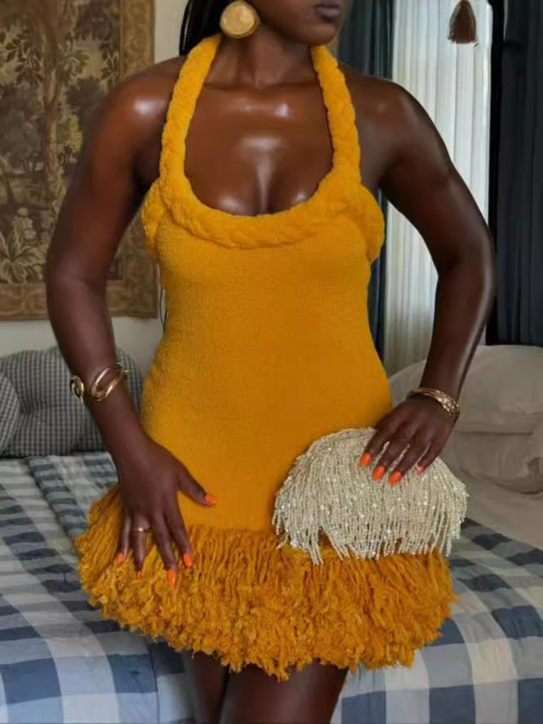 Autumn and Winter Braided Twist Rope Strap Tassel Short Dress 5