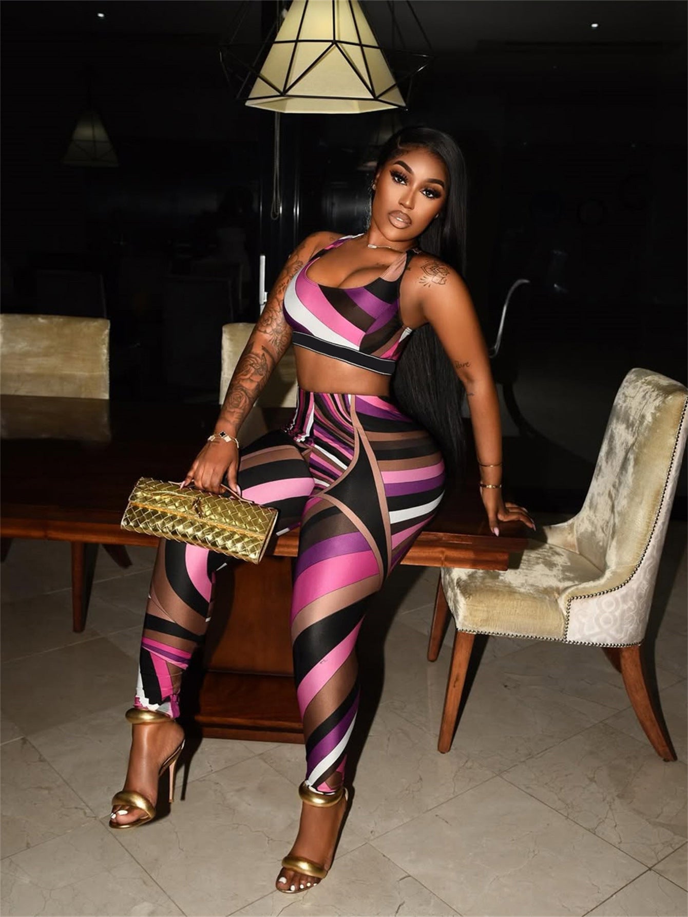 Women's Fashion Sexy Color-Blocking Print Top & Pants Set 4