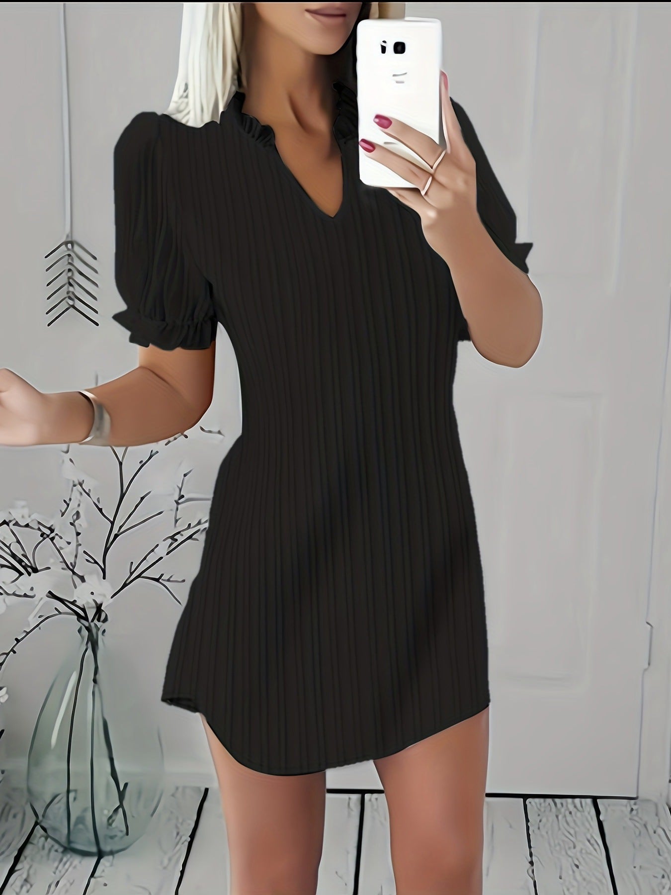 Autumn Fashion Solid Color V-Neck Ruffle Dress For Women 8