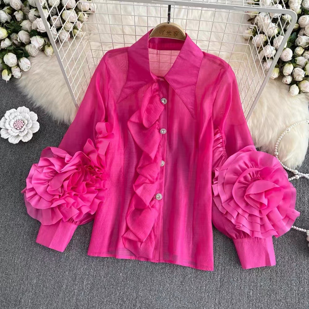 Women Fashion Turndown Collar Ruffled Loose Shirt 4