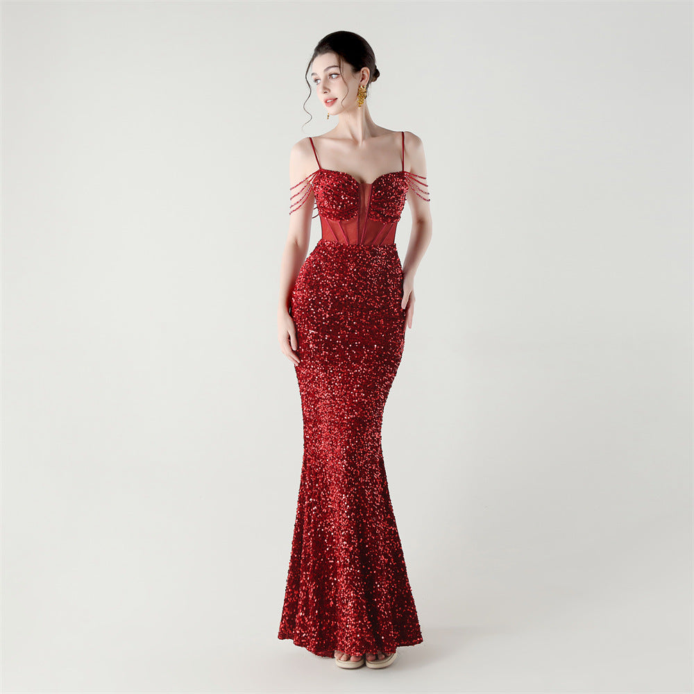Women herringbone Lace-Up wrapped chest formal Formal Party sequined evening dress 3