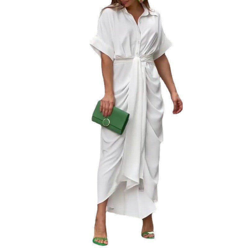 Women'S Fashion Turndown Collar Maxi Short Sleeve Single Breasted High Waist Shirt Dress 6
