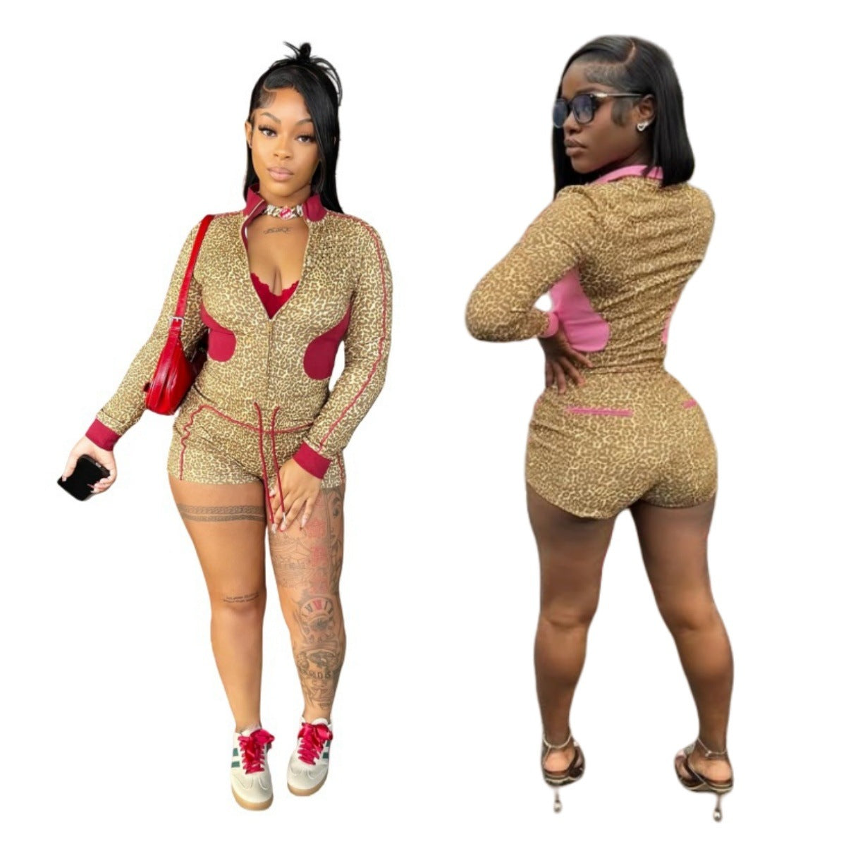 Autumn/Winter Leopard Print Stretch Shorts & Long Sleeve Top Set 4