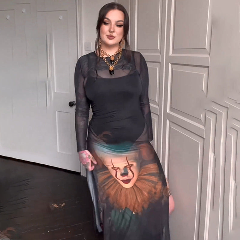 Women American Printed Mesh Long Sleeve Round Neck Dress 5