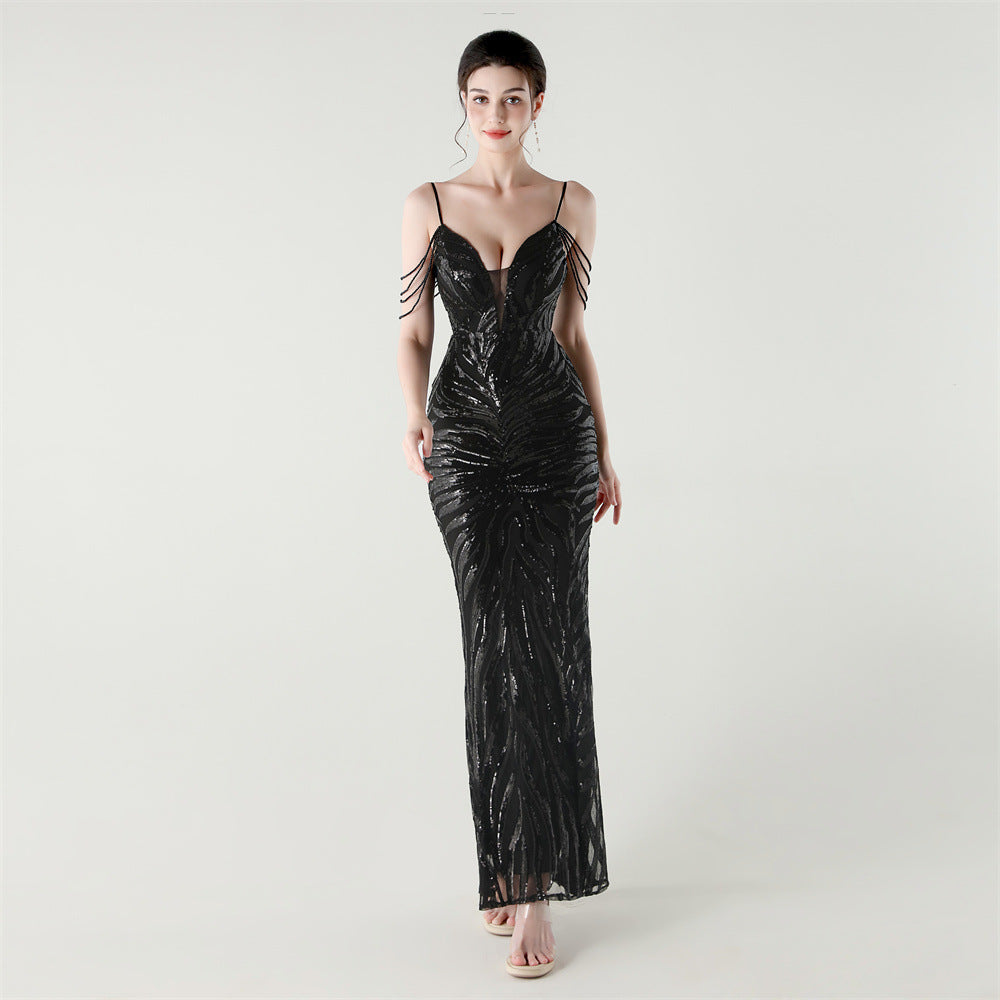 Women off-shoulder beaded sling V Neck Formal Party evening dress