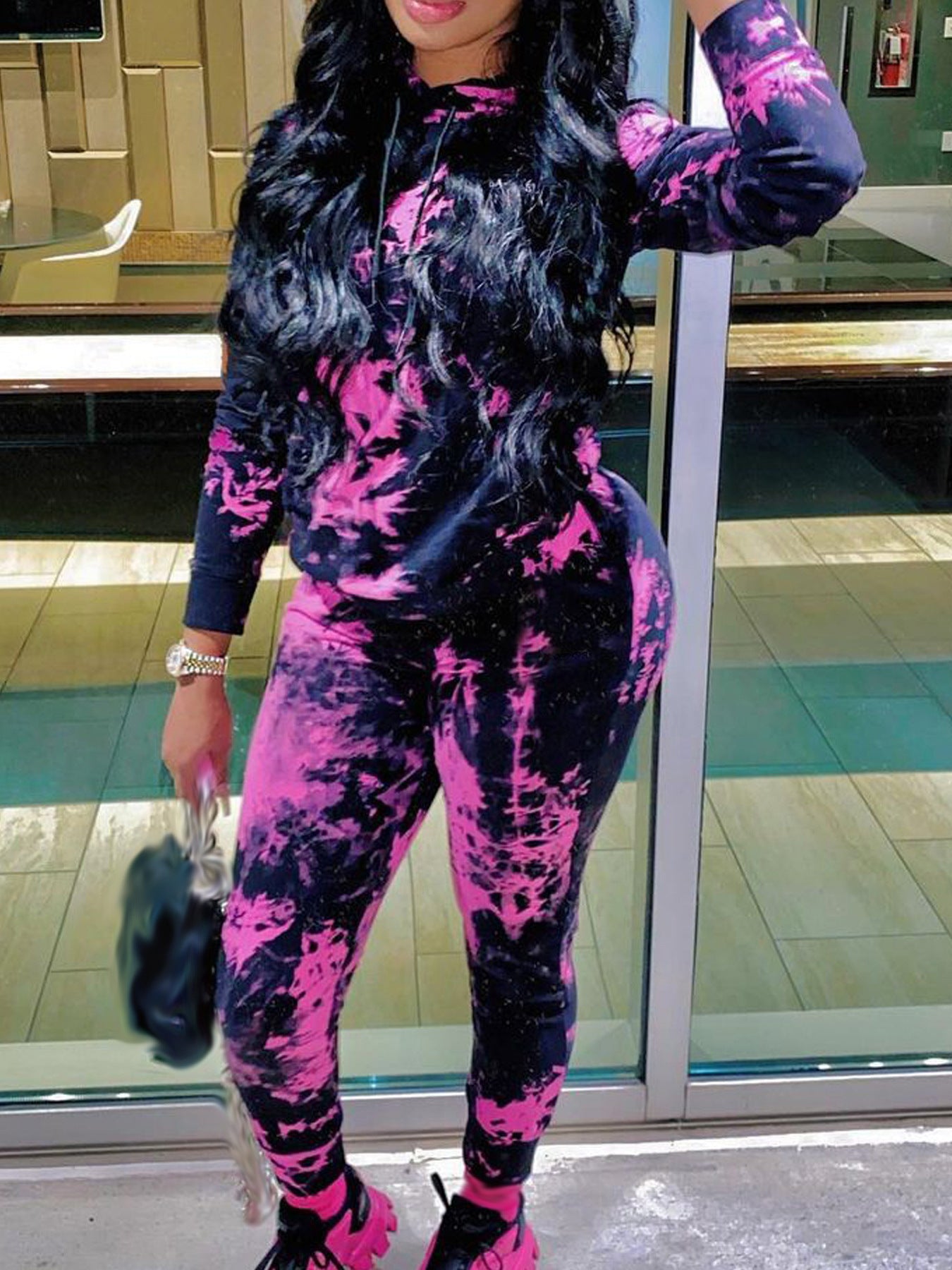 Women Fall/Winter Tie-Dye Hooded Top and Pant Two-Piece Set 4