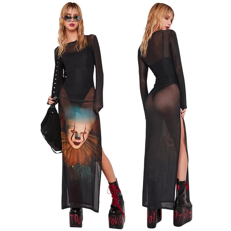 Women American Printed Mesh Long Sleeve Round Neck Dress 3