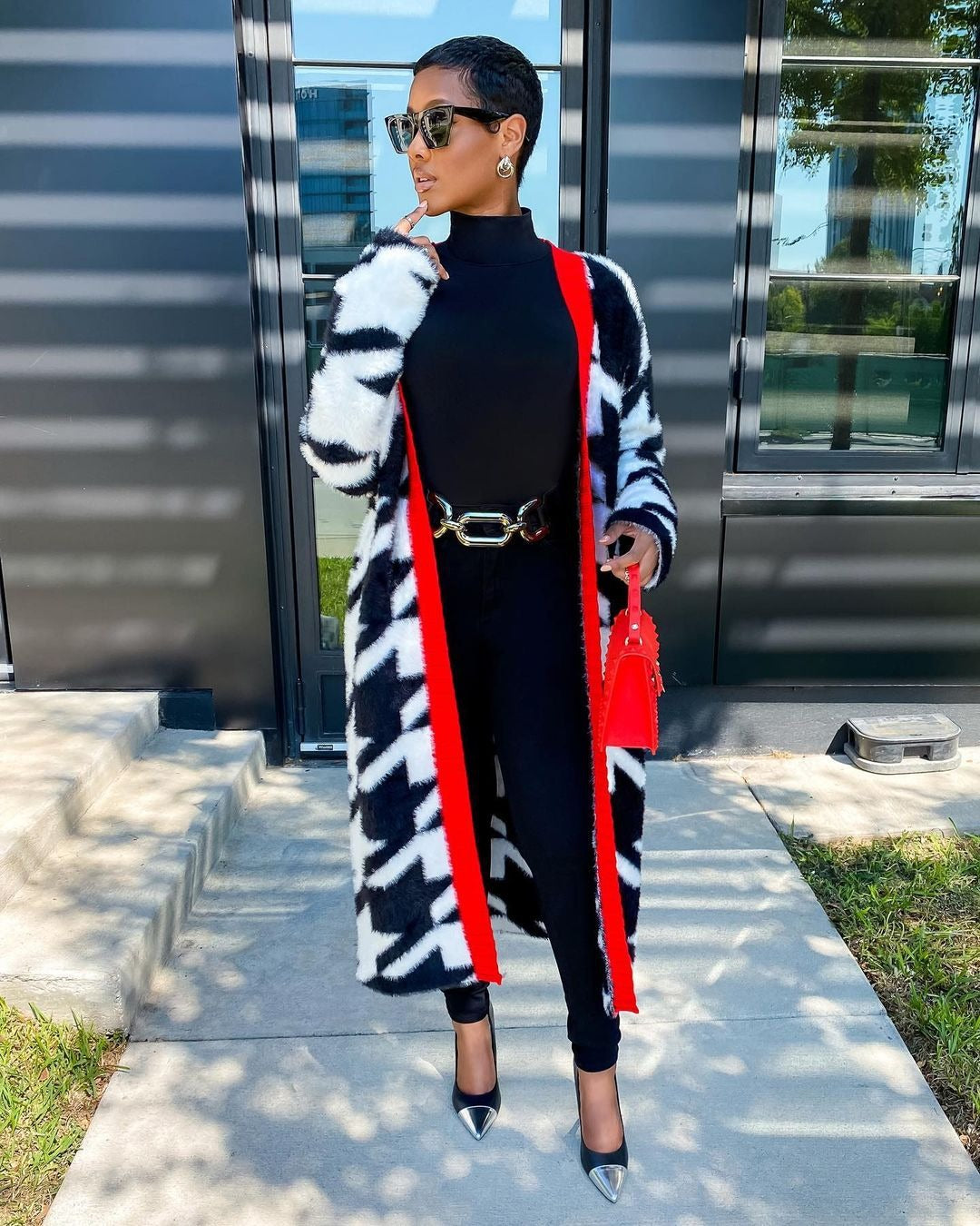 Women Autumn and Winter Houndstooth Long Coat 3